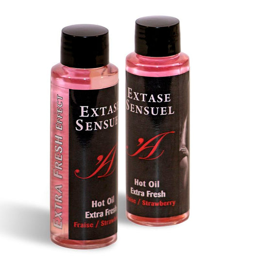 Olio da massaggio EXTASE SENSUAL con effetto fragola extra fresco, 100 ml, bottiglia con etichetta rossa e design elegante.