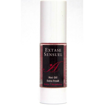 Olio da massaggio EXTASE SENSUAL con effetto fragola extra fresca, 30 ml, bottiglia con etichetta e tappo.