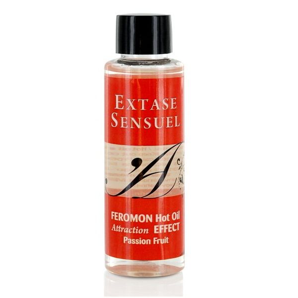 Olio da massaggio EXTASE SENSUAL con effetto calore e feromoni del frutto della passione, 100 ml, bottiglia con etichetta.