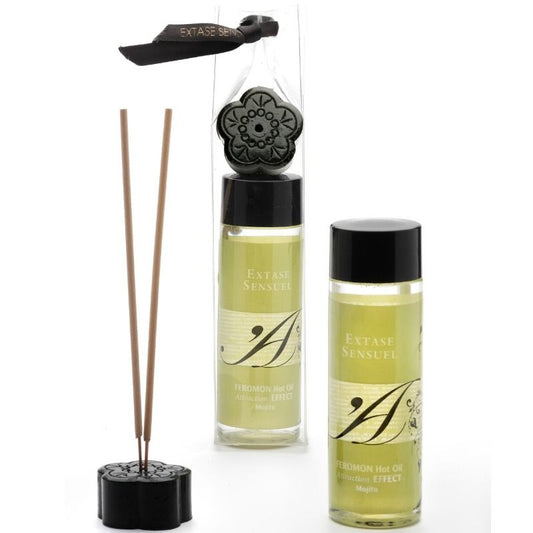 Olio da massaggio EXTASE SENSUAL con effetto calore e feromoni Mojito, 100 ml, bottiglia con etichetta verde e tappo nero
