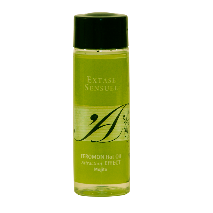Olio da massaggio EXTASE SENSUAL effetto calore ai feromoni del Mojito, 100 ml, bottiglia con etichetta verde e tappo nero
