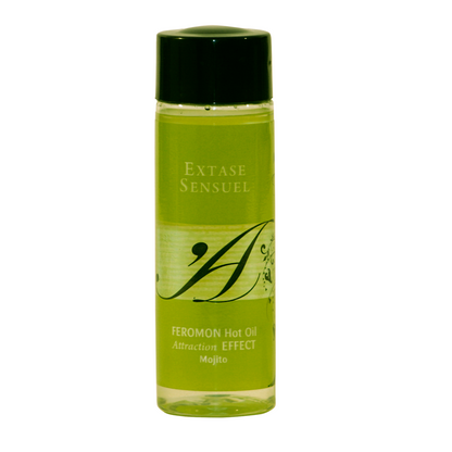 Olio da massaggio EXTASE SENSUAL effetto calore ai feromoni del Mojito, 100 ml, bottiglia con etichetta verde e tappo nero