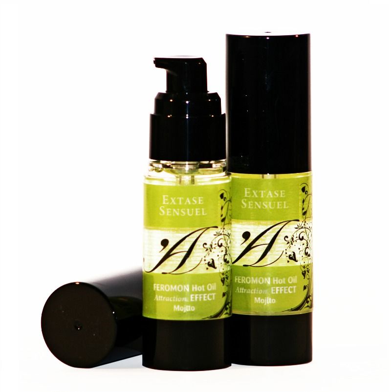 Olio da massaggio EXTASE SENSUAL effetto calore con feromoni Mojito, flacone da 30 ml, visibile in bottiglia elegante.