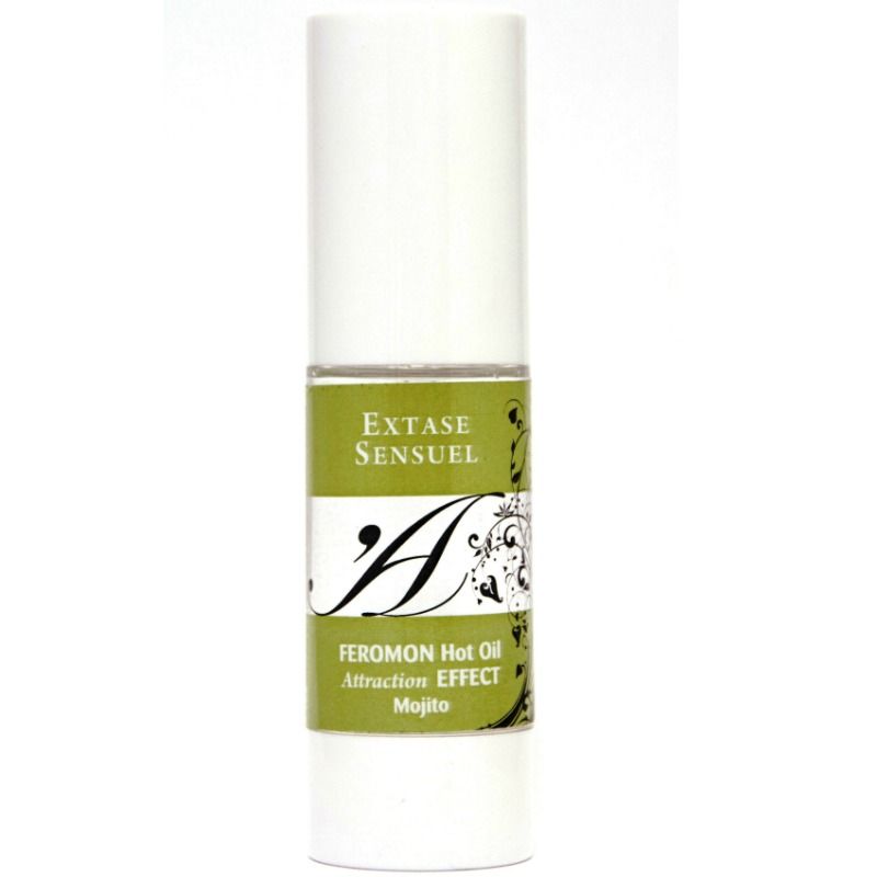 Olio da massaggio EXTASE SENSUAL con effetto calore e feromoni Mojito, bottiglia da 30 ml, visibile nel prodotto.