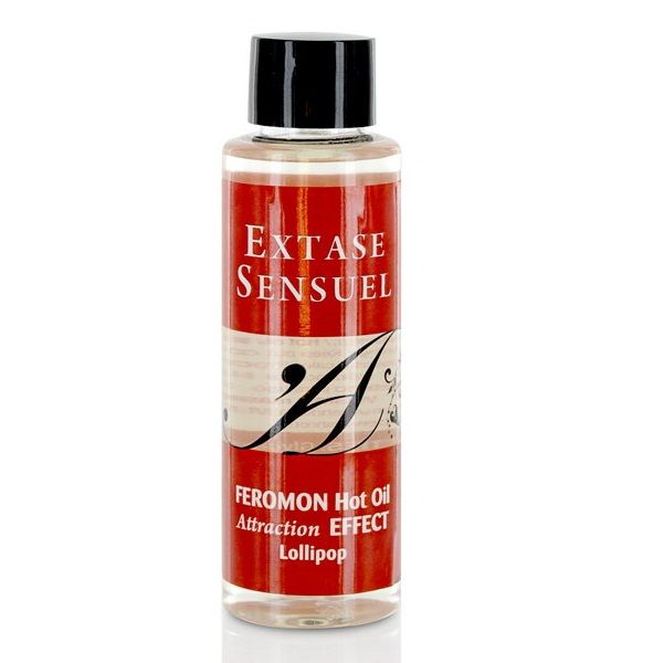 Olio da massaggio EXTASE SENSUAL con effetto calore e feromoni, bottiglia da 100 ml, mostra il prodotto in un contenitore trasparente.
