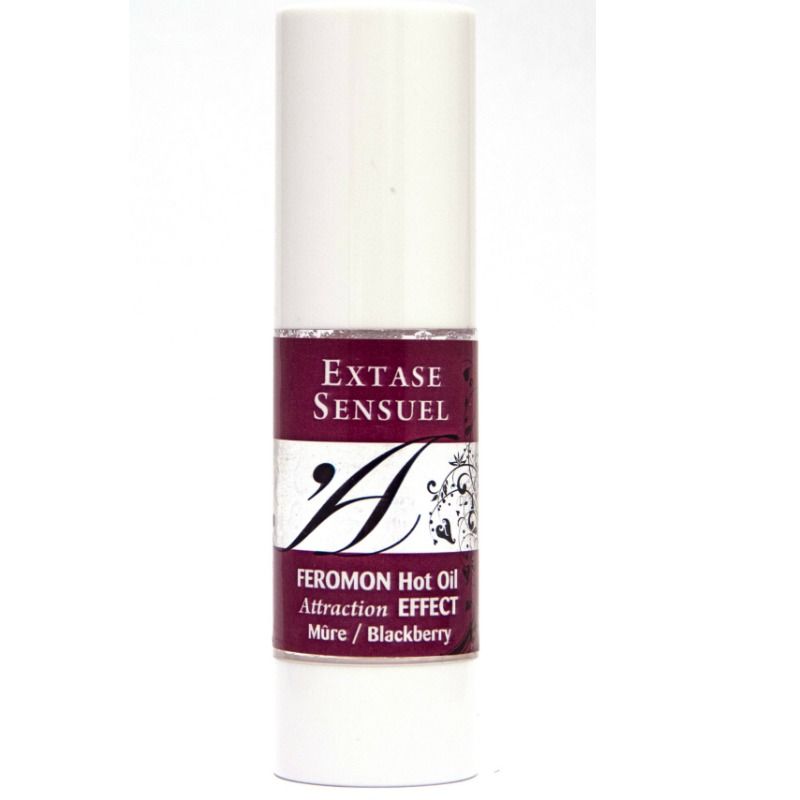 Olio da massaggio riscaldante EXTASE SENSUAL ai feromoni di mora, 30 ml, bottiglia con etichetta elegante.