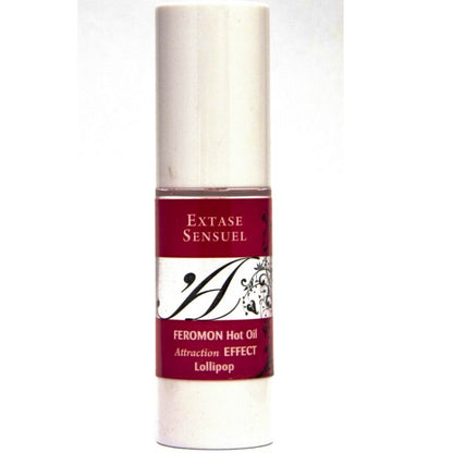 Olio da massaggio riscaldante EXTASE SENSUAL ai feromoni Lecca da 30 ml, flacone con etichetta e tappo nero.