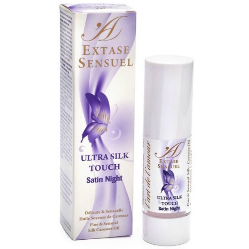 Olio da massaggio notturno satinato Ultra Seta Touch di EXTASE SENSUAL, bottiglia con liquido trasparente e etichetta elegante