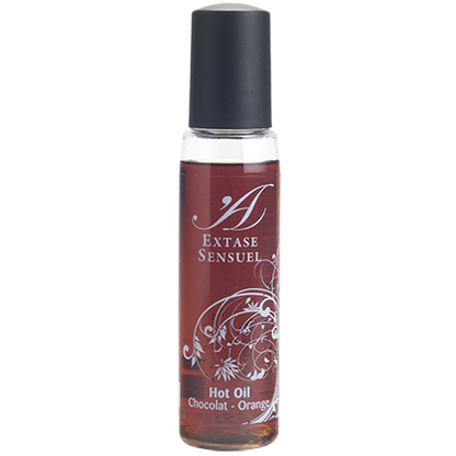 Olio da viaggio stimolante Extase Sensual con aroma di cioccolato e arancia, 35 ml, immagine del prodotto con flacone.