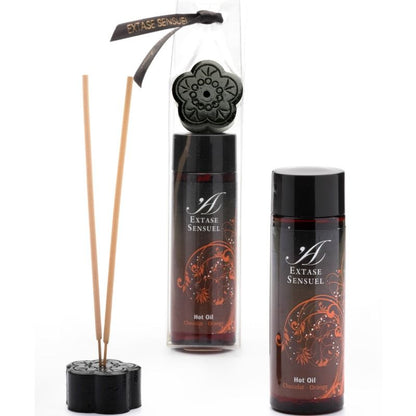 Olio stimolante al cioccolato e arancia di Extase Sensual, bottiglia da 100 ml con etichetta colorata e dettagli.