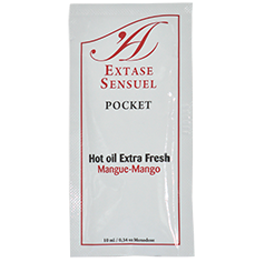Olio stimolante al mango EXTASE SENSUAL, contenuto da 10 ml, bottiglia con etichetta colorata e design attraente.