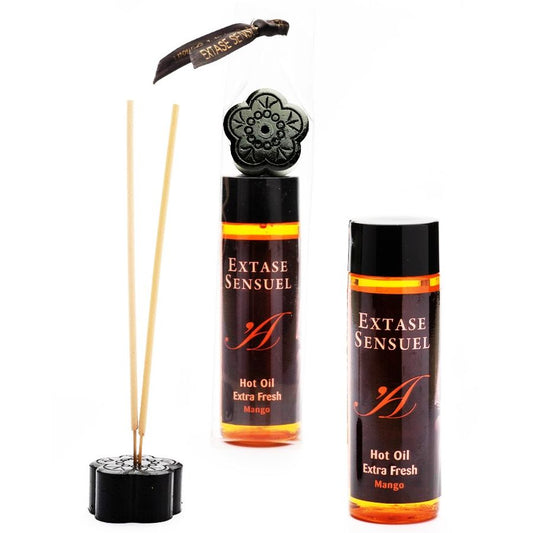 Olio stimolante al mango EXTASE SENSUAL, bottiglia da 100 ml, con etichetta colorata e design elegante.