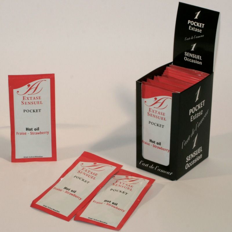 Olio stimolante alla fragola EXTASE SENSUAL, flacone da 10 ml con etichetta colorata e dettagli del prodotto.