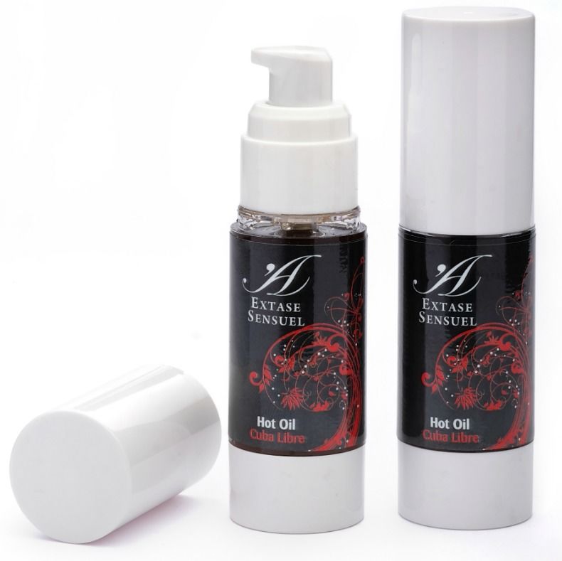 Olio stimolante del calore EXTASE SENSUAL Cuba Free da 30 ml, bottiglia con etichetta colorata e tappo nero.