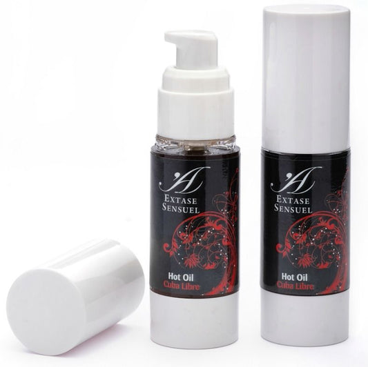 Olio stimolante del calore EXTASE SENSUAL Cuba Free da 30 ml, bottiglia con etichetta colorata e tappo nero.