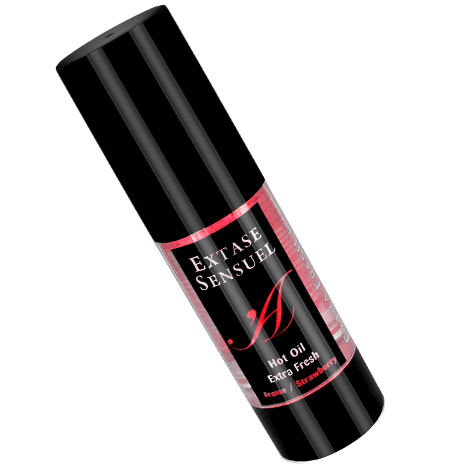 Olio stimolante Heat Trip alla fragola Extase Sensual, flacone da 35 ml, con etichetta colorata e dettagli visivi del prodotto
