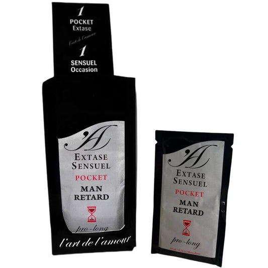 Estrazione del prodotto EXTASE SENSUAL Pocket RITARDANTE Maschile da 10 ml, confezione e dettagli del flacone.