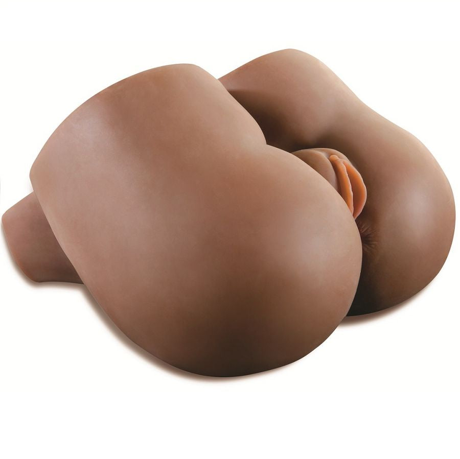 Per il prodotto EXTREME TOYZ, dildo realistico nero con vagina e ano, compatto e dettagliato, ideale per piacere intenso.