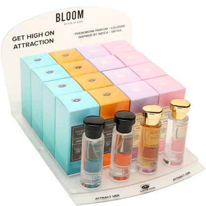 Set di 4 profumi Bloom di Eye of Love, flaconi da 30 ml, espositore elegante con fragranze floreali e seducenti.