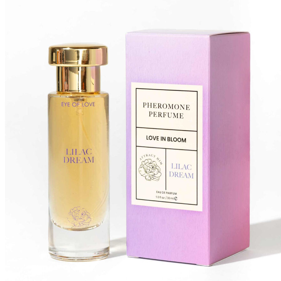 Profumo femminile Bloom di EYE OF LOVE, fragranza Indica Lilac Dream, bottiglia da 30 ml con etichetta elegante e fiore di lavanda