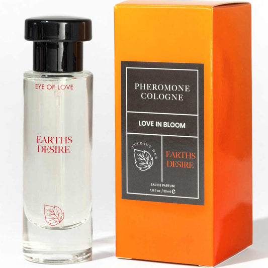 Profumo Bloom Maschile Sativa Earths Desire di Eye of Love, flacone da 30 ml con etichetta elegante e dettagliata.