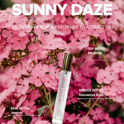Profumo femminile Bloom di Eye of Love, Sativa, Sunny Daze, 10 ml, bottiglia elegante con etichetta colorata.