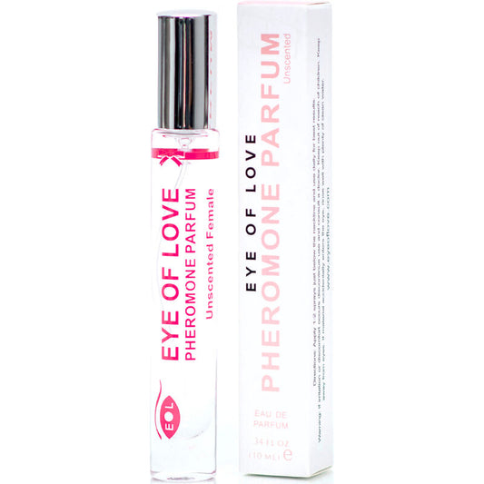 Profumo femminile senza profumo Eye of Love EOL Pheromone da 10 ml, flacone con etichetta e contagocce.