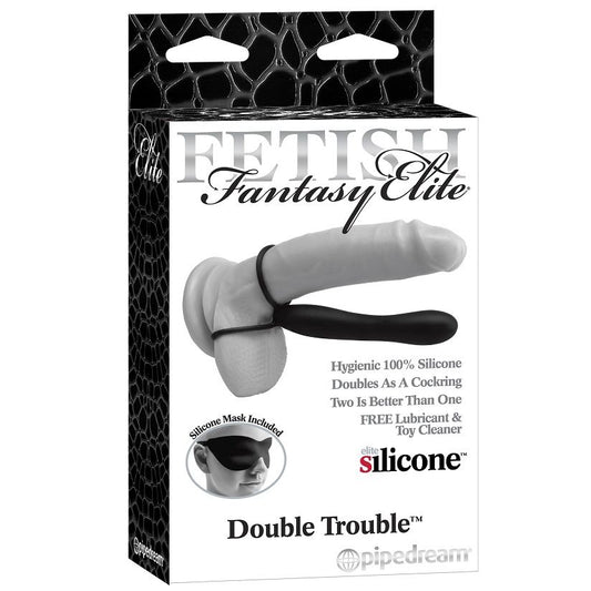 Maschera fetish FETISH FANTASY ELITE Double Trouble in pelle nera e dettagli seducenti, visibile in primo piano nell'immagine.