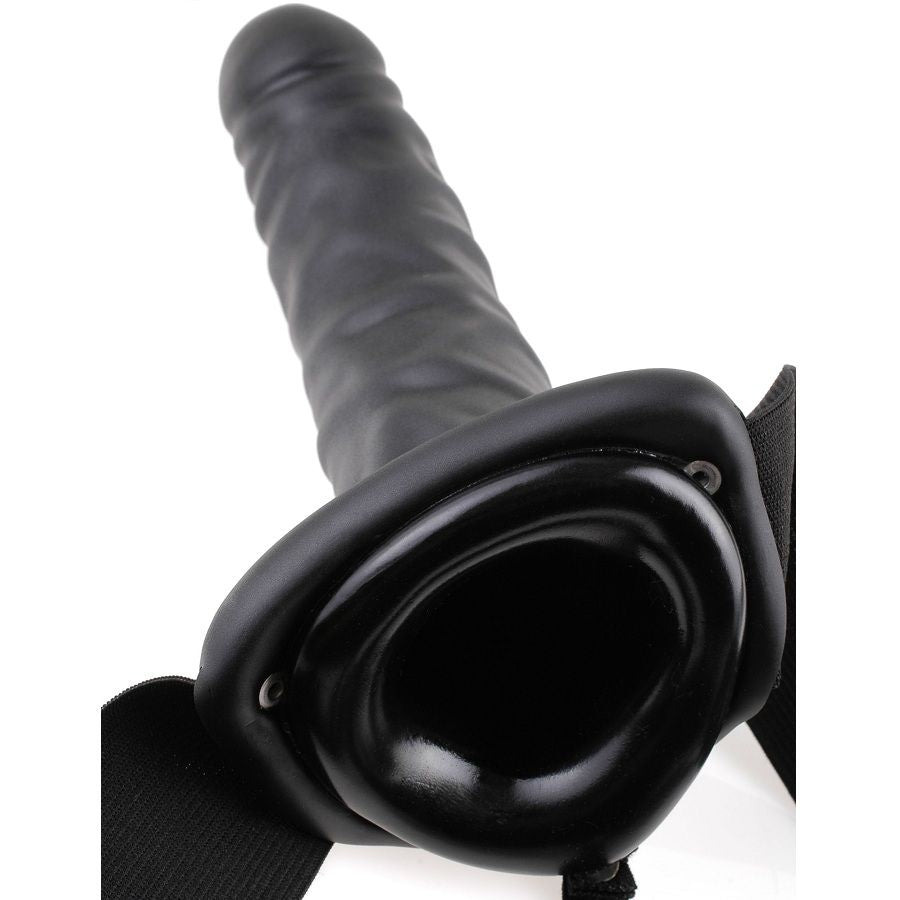 Fetish Fantasy Series strap-on nero da 19 cm con cavo vibrante, immagine del dildo in silicone nero con dettagli realistici.