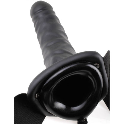 Fetish Fantasy Series strap-on nero da 19 cm con cavo vibrante, immagine del dildo in silicone nero con dettagli realistici.