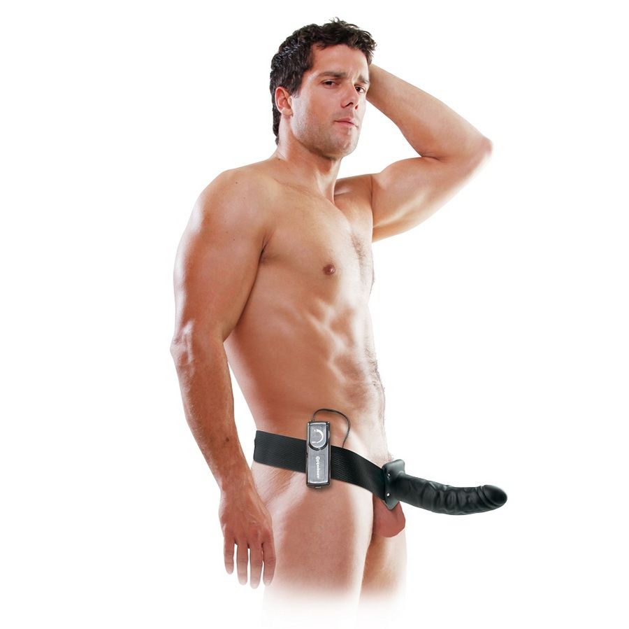 Fetish Fantasy Series strap-on nero da 19 cm con cavo vibrante, visibile con dettagli in morbido materiale e cinturino regolabile.