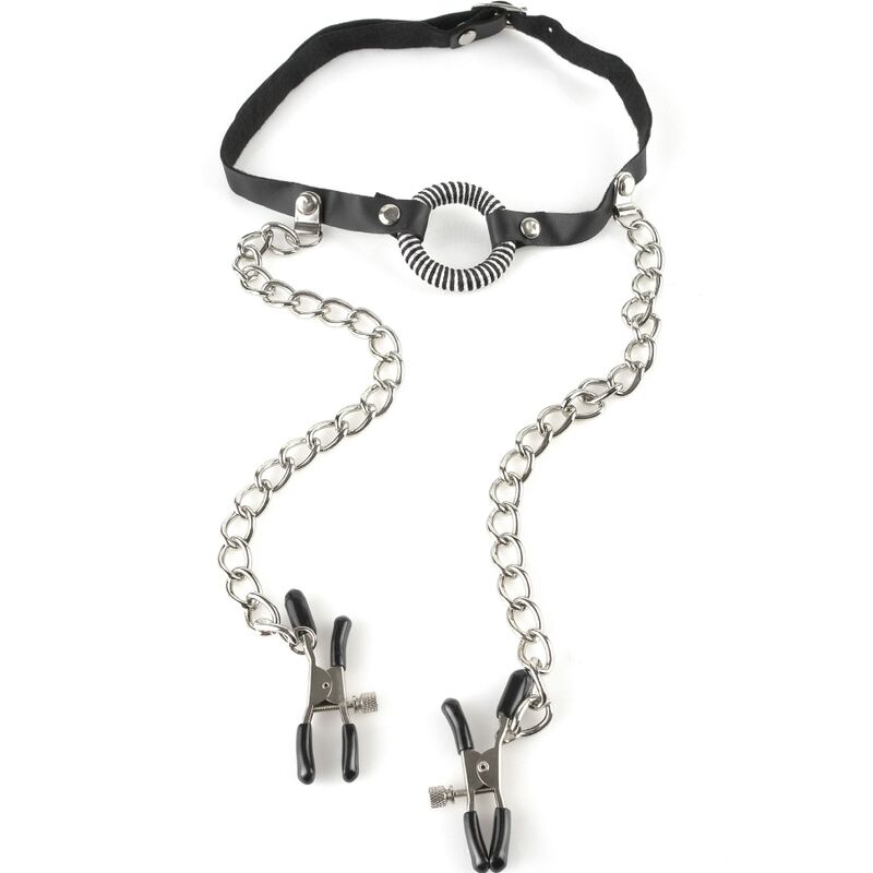Bavaglio con morsettini per capezzoli della serie Fetish Fantasy, in pelle nera con dettagli regolabili e decorativi in metallo