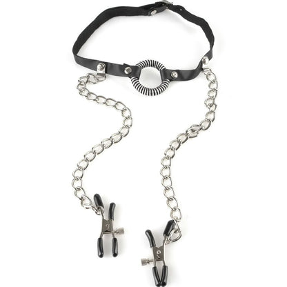 Bavaglio con morsettini per capezzoli della serie Fetish Fantasy, in pelle nera con dettagli regolabili e decorativi in metallo