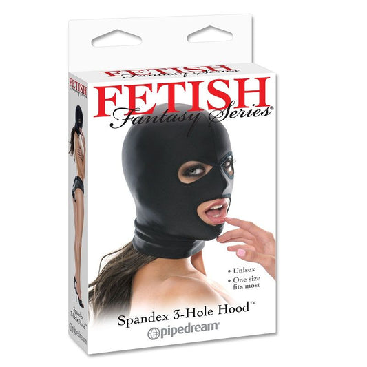 Cappuccio 3 fori in spandex della serie Fetish Fantasy, costume fetish con apertura per viso e occhi, materiale elasticizzato nero.