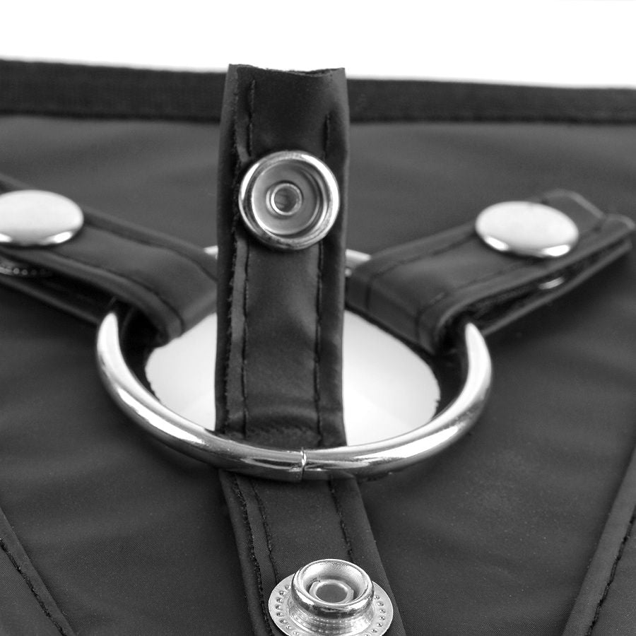 Imbracatura Fetish Fantasy Series perfetta fit in pelle nera con cinturini regolabili e dettagli metallici, per giochi di ruolo e bondage.