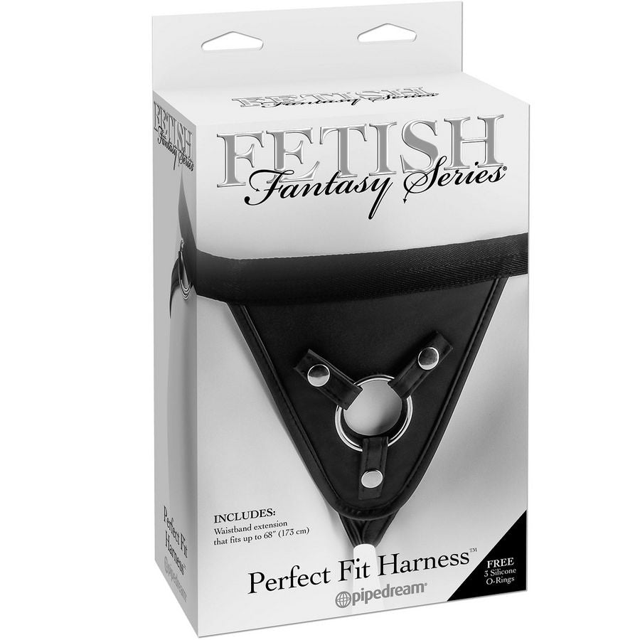 Imbracatura Fetish Fantasy Series in pelle nera con cinturini regolabili e dettagli metallici, ideale per giochi di ruolo e fetish.