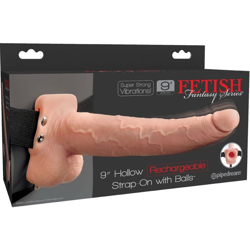 Imbracatura regolabile con pene realistico, sfere ricaricabili e vibratore da 23 cm, prodotto della serie Fetish Fantasy.