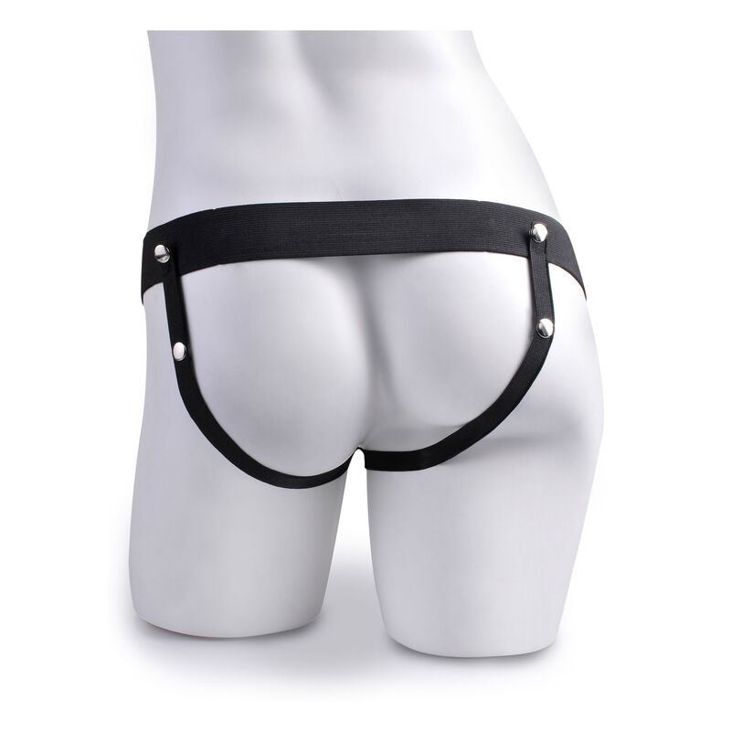 Imbracatura regolabile per pene realistico con sfere squirting, lunga 19 cm, della serie Fetish Fantasy, in dettaglio.