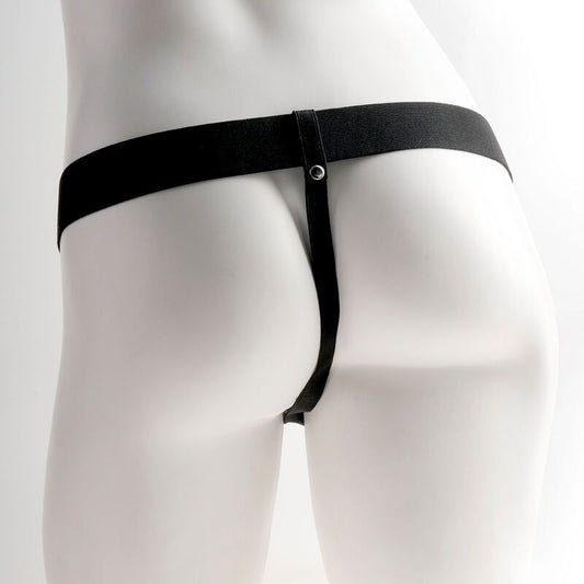 Imbracatura regolabile FETISH FANTASY SERIES con pene realistico, testicoli ricaricabili e vibratore da 15 cm, dettaglio visibile.