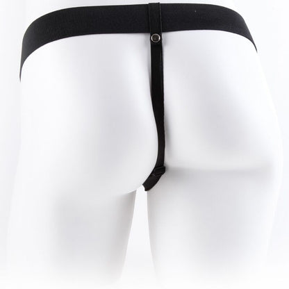 Imbragatura regolabile con telecomando, pene realistico con testicoli, lunga 17,8 cm, marca Fetish Fantasy Series, in dettaglio.