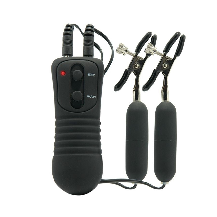 Pinze per capezzoli vibranti della serie Fetish Fantasy, con dettagli in metallo e manici ergonomici, ideale per giochi di BDSM.