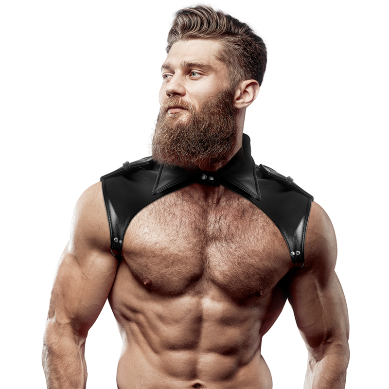 Imbracatura per il collo in ecopelle regolabile da uomo, marchio FETISH SUBMISSIVE ATTITUDE, con dettagli in stile BDSM.