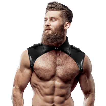 Imbracatura per il collo in ecopelle regolabile da uomo, marchio FETISH SUBMISSIVE ATTITUDE, con dettagli in stile BDSM.