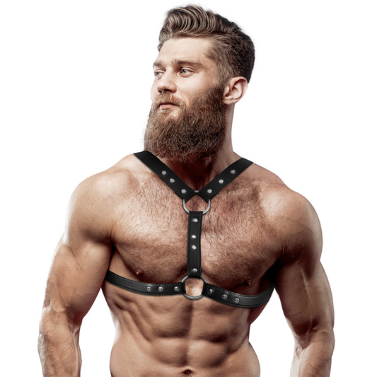 Imbracatura per petto in ecopelle FETISH SUBMISSIVE ATTITUDE con doppio supporto e borchie, per uomo, stile audace e resistente.