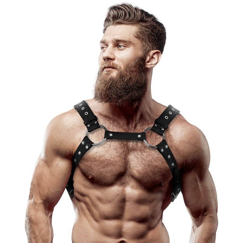 Imbracatura per il petto in ecopelle FETISH SUBMISSIVE ATTITUDE con borchie, stile BDSM, per uomo, dettagli robusti e stile audace.