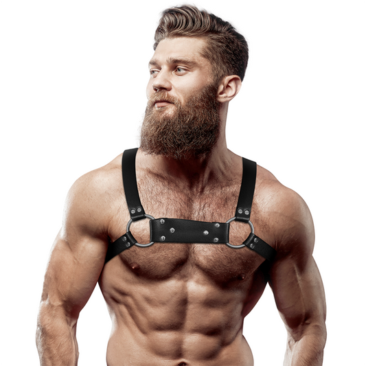 Imbracatura per il petto in ecopelle FETISH SUBMISSIVE ATTITUDINE, taglia M/L, stile BDSM per uomo, vista frontale.