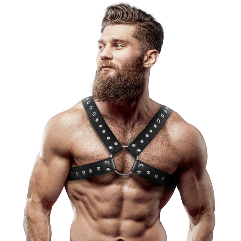 Imbracatura per il petto in ecopelle incrociata da uomo con borchie, prodotto FETISH SUBMISSIVE ATTITUDE, stile BDSM e fetish