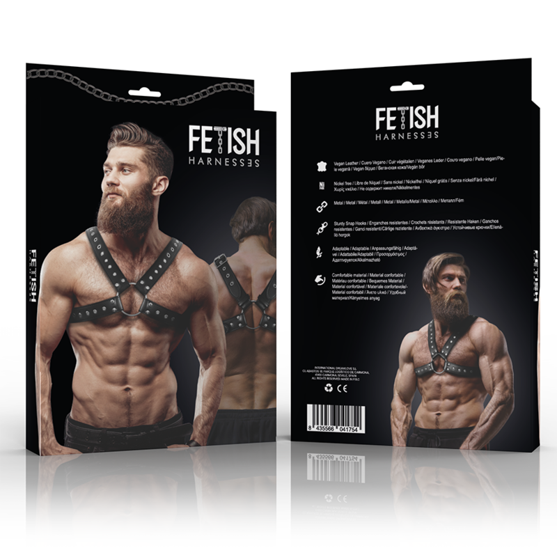 Imbracatura per il petto in ecopelle incrociata da uomo con borchie, marca Fetish Submissive Attitude, stile BDSM.