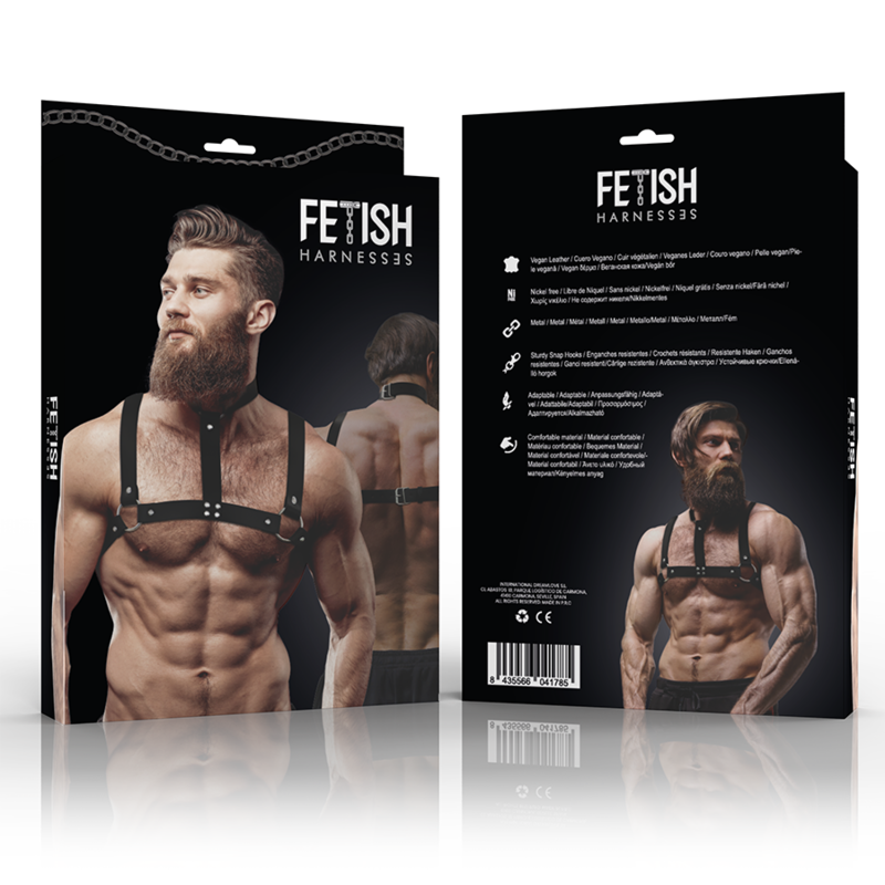Imbracatura regolabile in ecopelle e collana per uomo, accessori fetish submissive attitude, dettaglio di un prodotto di bondage.