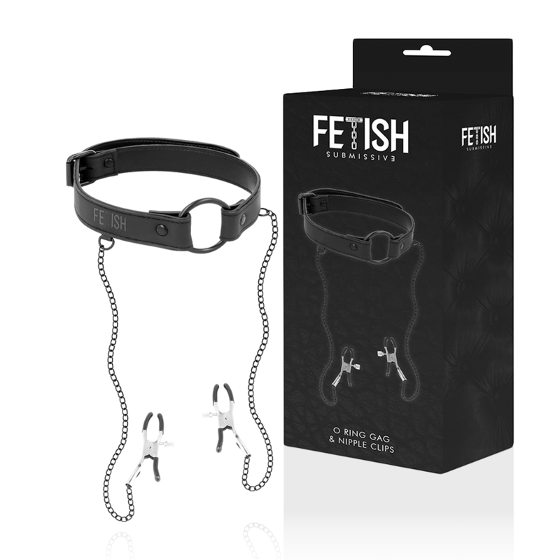 Anello gag fetish submissive con morsetti per capezzoli, prodotto bondage FETISH SUBMISSIVE BONDAGE, in uso su modello.